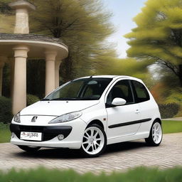 A detailed image of a Peugeot 206 car fitted with white Volk Rays TE37 rims