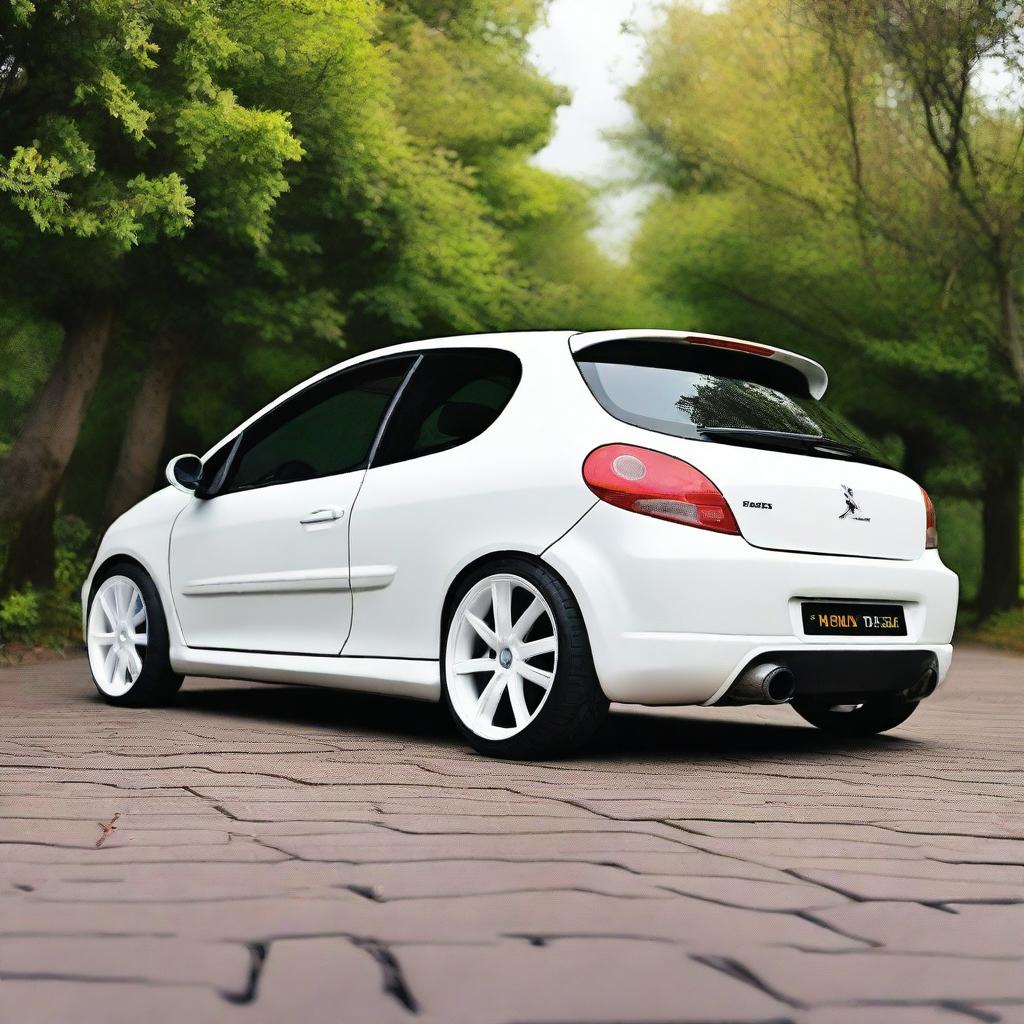 A detailed image of a Peugeot 206 car fitted with white Volk Rays TE37 rims