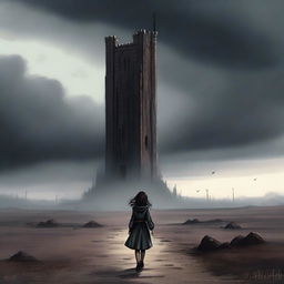 A brave young girl walking towards a dark, ominous tower in the distance