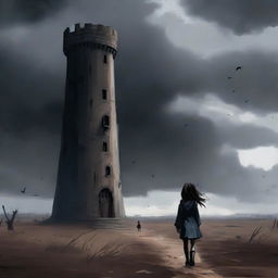 A brave young girl walking towards a dark, ominous tower in the distance