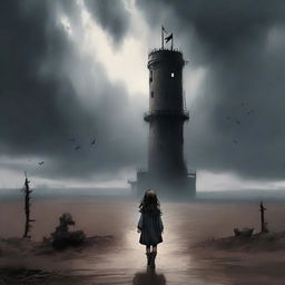 A brave young girl walking towards a dark, ominous tower in the distance