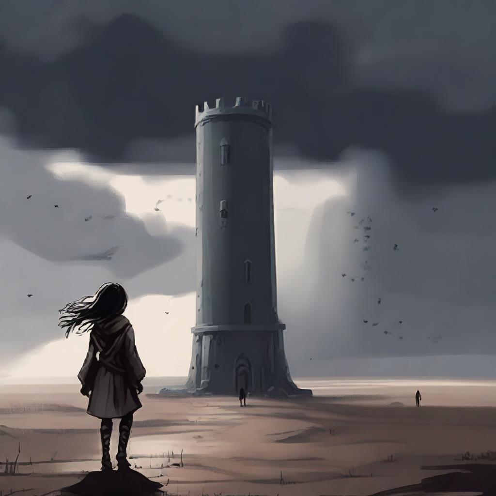 A brave young girl walking towards a dark, ominous tower in the distance