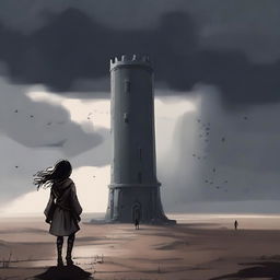 A brave young girl walking towards a dark, ominous tower in the distance