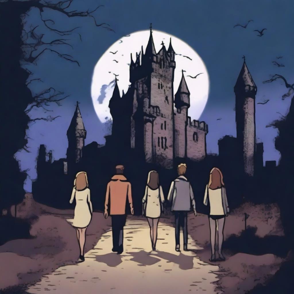 A group of four friends walking together towards a haunted castle