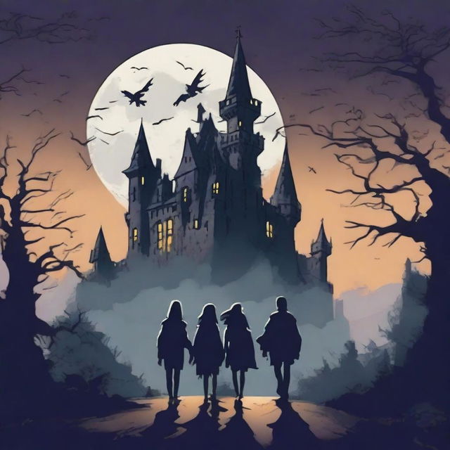 A group of four friends walking together towards a haunted castle