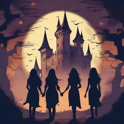 A group of four friends walking together towards a haunted castle