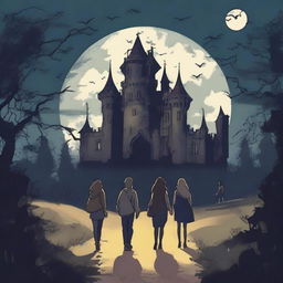 A group of four friends walking together towards a haunted castle