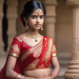 A young Indian girl wearing a red saree, showcasing traditional Indian attire