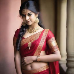 A young Indian girl wearing a red saree, showcasing traditional Indian attire