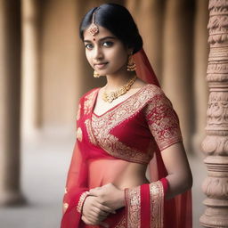 A young Indian girl wearing a red saree, showcasing traditional Indian attire