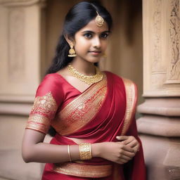 A young Indian girl wearing a red saree, showcasing traditional Indian attire