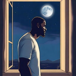 A blonde man is standing by his window, looking out at the night sky