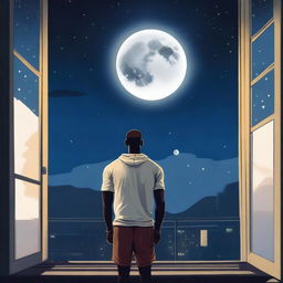 A blonde man is standing by his window, looking out at the night sky