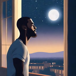 A blonde man is standing by his window, looking out at the night sky