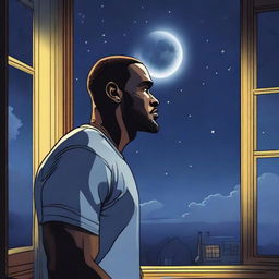 A blonde man is standing by his window, looking out at the night sky