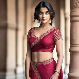 A 25-year-old Indian woman wearing a red saree with a deep-cut blouse, showcasing her hourglass figure