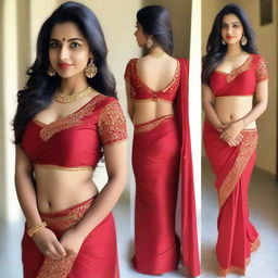 A 25-year-old Indian woman wearing a red saree with a deep-cut blouse, showcasing her hourglass figure