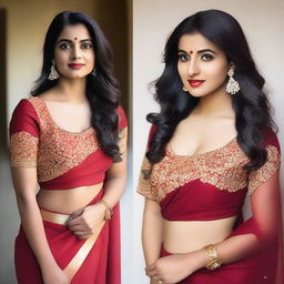 A 25-year-old Indian woman wearing a red saree with a deep-cut blouse, showcasing her hourglass figure