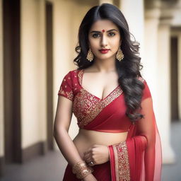 A 25-year-old Indian woman wearing a red saree with a deep-cut blouse, showcasing her hourglass figure