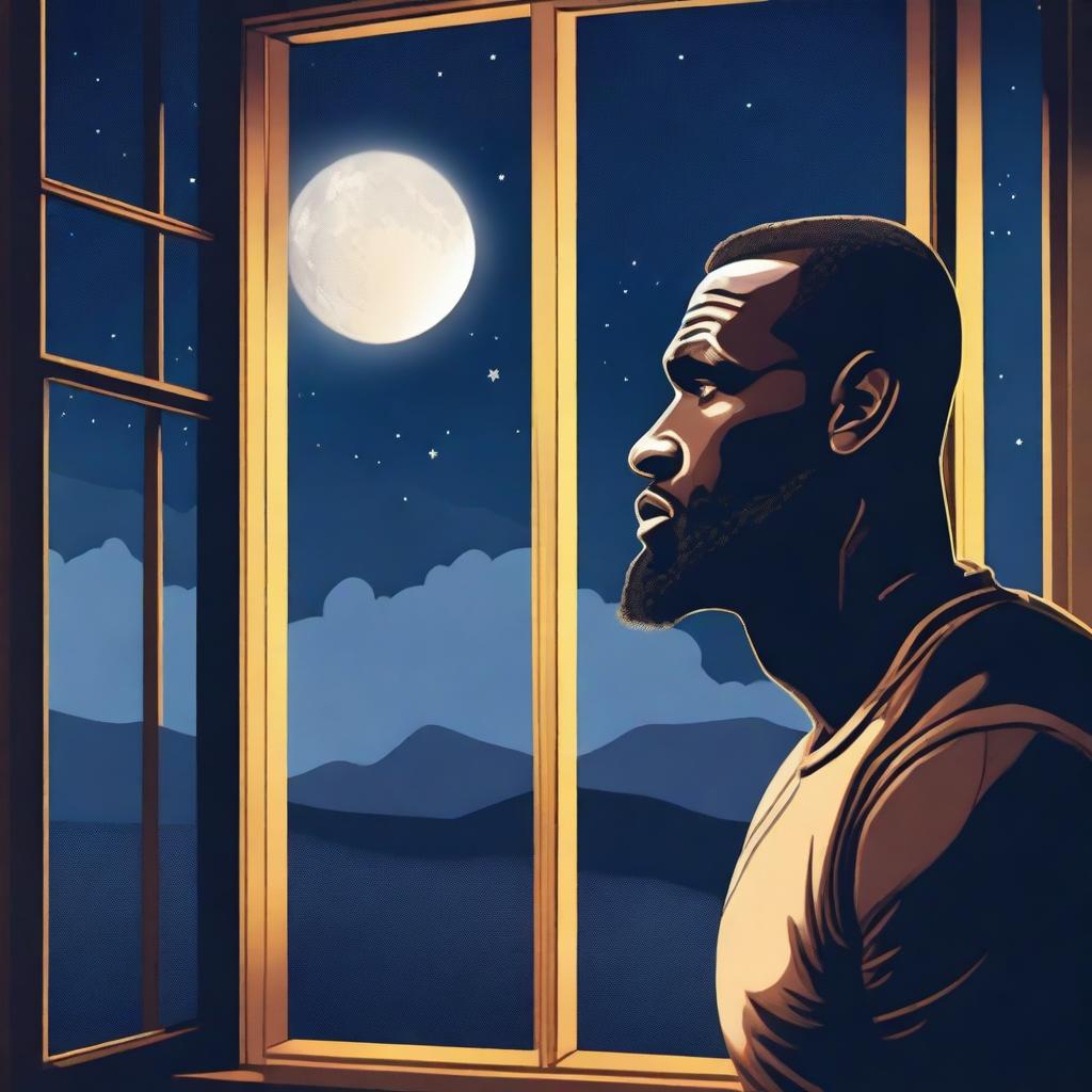 A blonde man is standing by his window, gazing out at the night sky