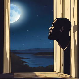 A blonde man is standing by his window, gazing out at the night sky