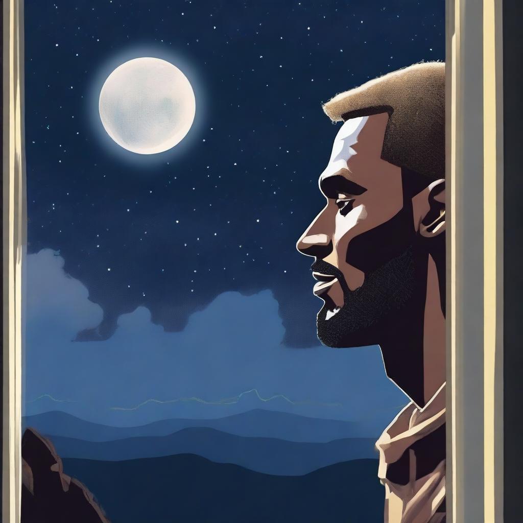 A blonde man is standing by his window, gazing out at the night sky