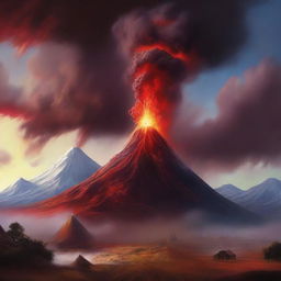 A surreal landscape featuring a volcano with a pyramid emerging from its side