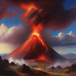 A surreal landscape featuring a volcano with a pyramid emerging from its side