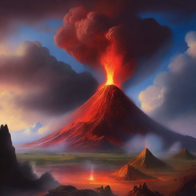 A surreal landscape featuring a volcano with a pyramid emerging from its side