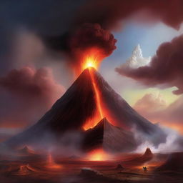 A surreal landscape featuring a volcano with a pyramid emerging from its side