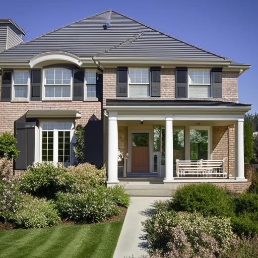 A peaceful and welcoming family home with a lush green front yard, detailed brickwork, large windows, and a sunny, warm atmosphere.