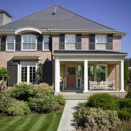 A peaceful and welcoming family home with a lush green front yard, detailed brickwork, large windows, and a sunny, warm atmosphere.