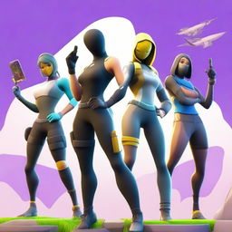 A chaotic Fortnite tournament scene featuring a squad of characters with the skins: Saqueador Dulce, Polaridad, Dizzie, and Elite Agent