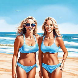 A realistic picture of two women in swimsuits, both wearing dental braces