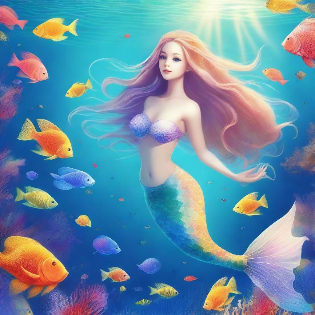 A beautiful white-skinned mermaid swimming gracefully in the ocean