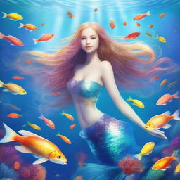 A beautiful white-skinned mermaid swimming gracefully in the ocean