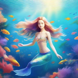 A beautiful white-skinned mermaid swimming gracefully in the ocean