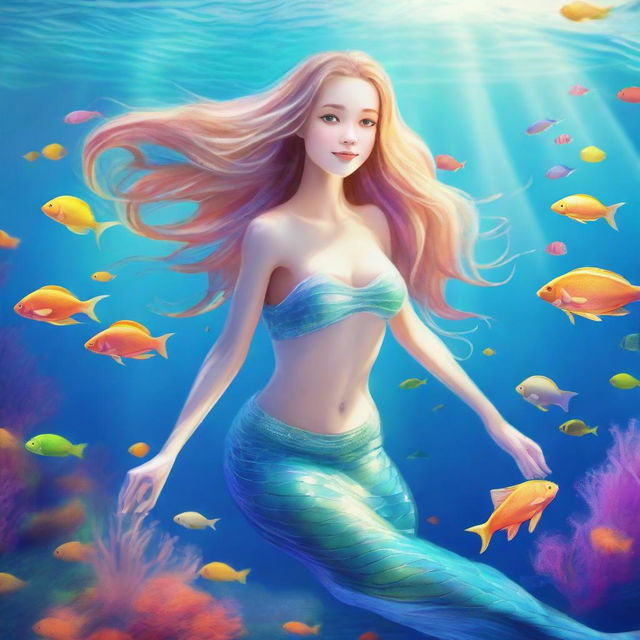 A beautiful white-skinned mermaid swimming gracefully in the ocean