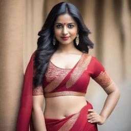 A 35-year-old Indian woman wearing a red saree with a deep-cut blouse, showcasing her hourglass figure