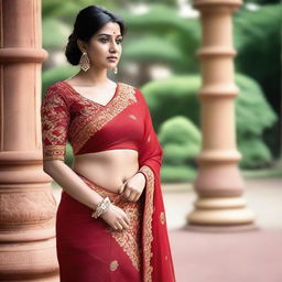 A 35-year-old Indian woman wearing a red saree with a deep-cut blouse, showcasing her hourglass figure