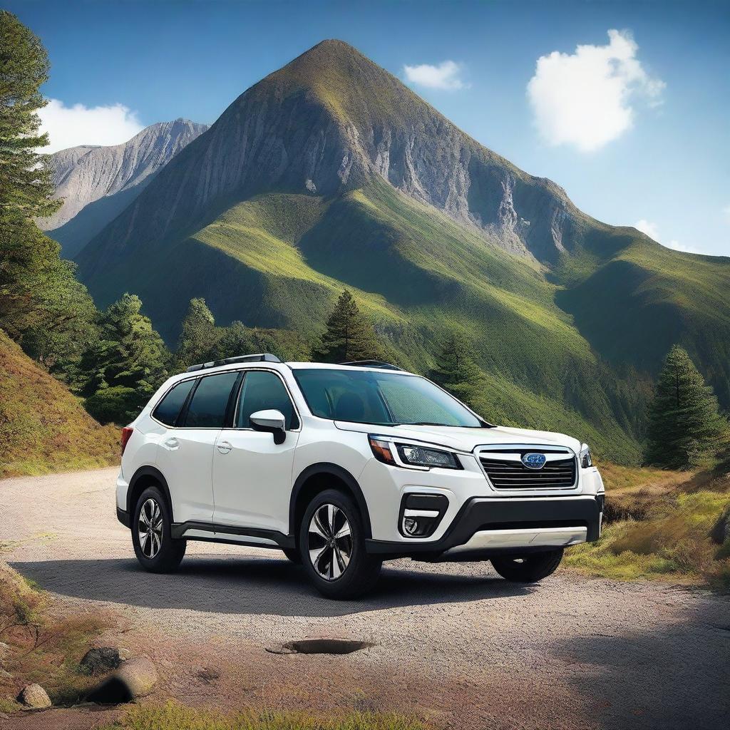 A detailed and realistic image of a white Subaru SH XT Forester parked on a scenic mountain road