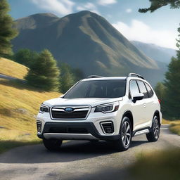 A detailed and realistic image of a white Subaru SH XT Forester parked on a scenic mountain road