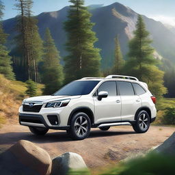 A detailed and realistic image of a white Subaru SH XT Forester parked on a scenic mountain road