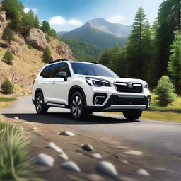 A detailed and realistic image of a white Subaru SH XT Forester parked on a scenic mountain road