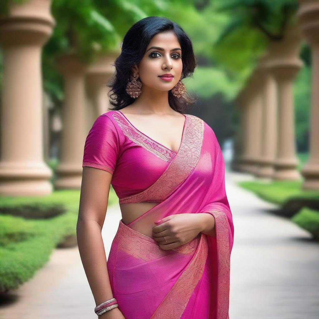 A 35-year-old Indian woman wearing a pink saree with a deep-cut blouse, showcasing her hourglass figure