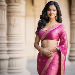 A 35-year-old Indian woman wearing a pink saree with a deep-cut blouse, showcasing her hourglass figure