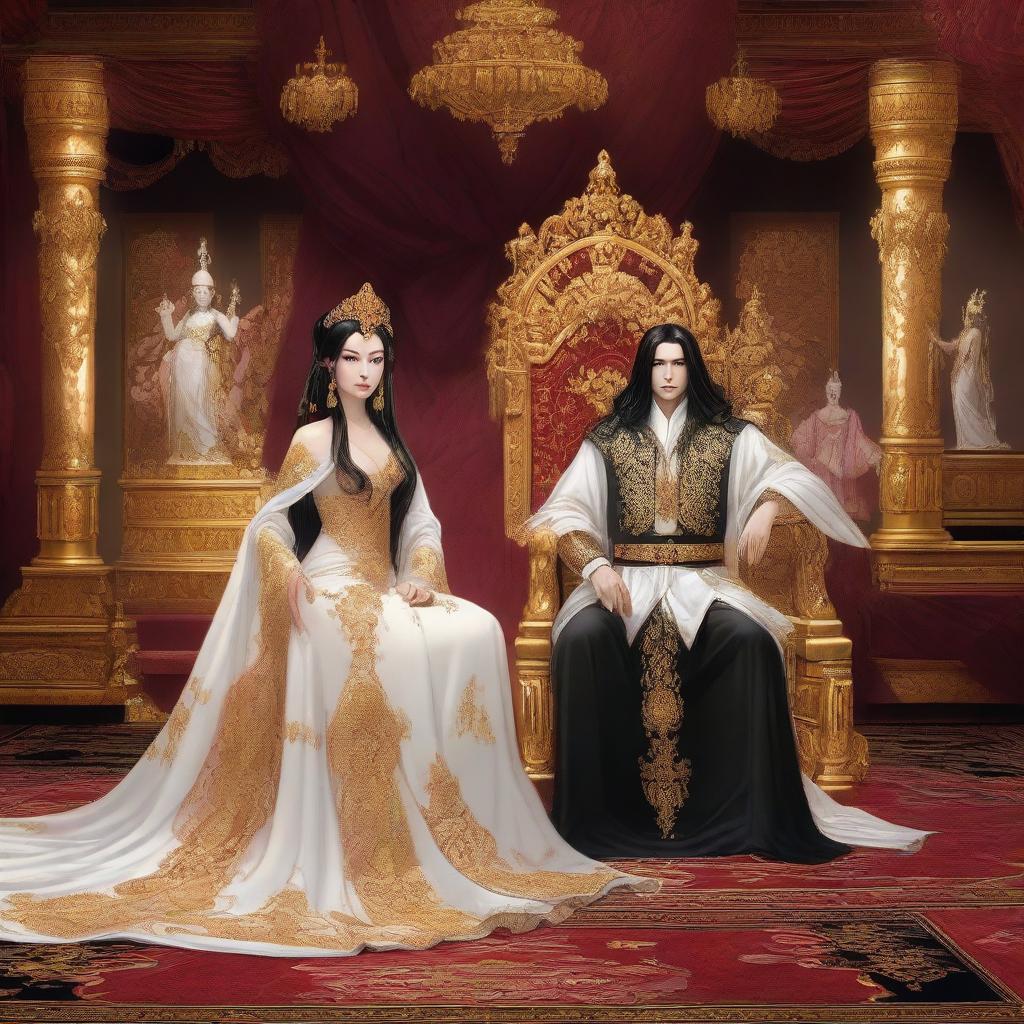 A royal throne room featuring an emperor with long black hair and black eyes sitting on the throne