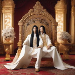 A royal throne room featuring an emperor with long black hair and black eyes sitting on the throne