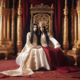 A royal throne room featuring an emperor with long black hair and black eyes sitting on the throne