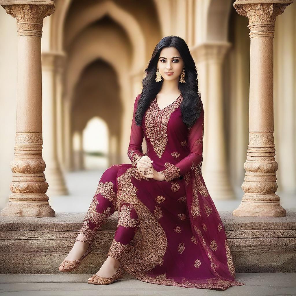 An attractive Indian woman wearing a traditional salwar kameez, confidently showing her legs